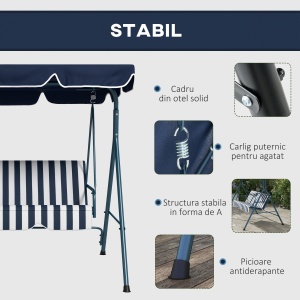 Leagăn de Grădină cu 3 Locuri cu Acoperiș Solar, Balansoar în Aer Liber cu Structură din Oțel și Poliester, 172x110x153 cm, Alb și Albastru - Img 5