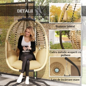 Leagăn pentru Exterior cu Pernă Capitonată, Scaun Suspendat pentru Terasă cu Suport Metalic, Cos Pliabil, 110x100x188 cm, Gri - Img 7