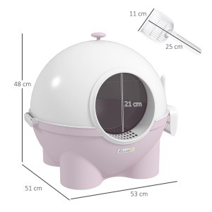 Litieră pentru Pisici cu Capac și Lopățică Inclusă, Capacitate Max 4 kg, 53x51x48 cm, Alb și Roz - Img 3