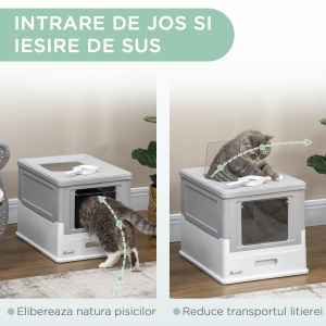 Litiera pentru Pisici Inchisa din PP cu Paleta Inclusa, Cutie Igienica pentru Pisici cu Tava Detasabila si 2 Usi, 47.5x35.5x36.7 cm, Alb si Gri - Img 5