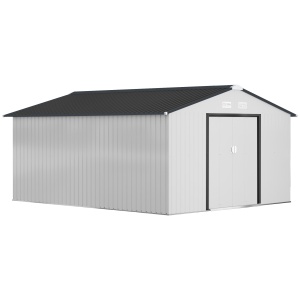 Magazie de Grădină 12,4 m² 340x386x200 cm cu Uși Glisante, Acoperiș Înclinat și 4 Guri de Aerisire, Albă - Img 1