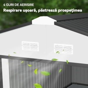 Magazie de Grădină 12,4 m² 340x386x200 cm cu Uși Glisante, Acoperiș Înclinat și 4 Guri de Aerisire, Albă - Img 8