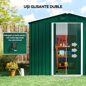 Magazie de Grădină 3.6m² din Oțel, cu 2 Uși Glisante și 4 Ferestre de Ventilație, 236x174x190 cm, Verde - Img 5