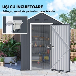 Magazie de Gradina din Otel Galvanizat si PP cu 4 Guri de Aerisire si Fereastra, 259x171x222 cm, Gri si Alb - Img 7