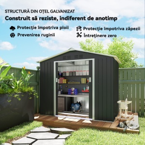 Magazie de grădină metalică 2,77 m², 213 x 130 x 185 cm cu fundație, uși culisante, gri închis - Img 5