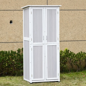 Magazie din Lemn de Brad pentru Unelte cu 3 Niveluri, cu Acoperis din Bitum si Carlige, 77x58x175 cm, Gri - Img 2