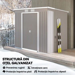 Magazie Grădină Metalică cu Acoperiș Înclinat și Ușă Dublă, pentru Stocare de Unelte în Grădină, 213x130x172 cm, Gri - Img 4