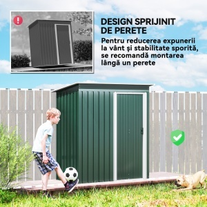 Magazie pentru Scule cu Acoperiș Înclinat și Ușă Glisantă, din Oțel Zincat, 163x89x182 cm, Verde - Img 6
