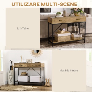 Masa Consola Vintage – Lemn & Metal cu Sertare & Raft - Img 7