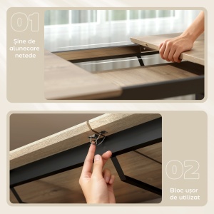 Masă de Dining Extensibilă pentru 6-8 Persoane cu Panouri Ascunse, Masă Extensibilă Dreptunghiulară cu Bază din Oțel, Stil Industrial, pentru Sufragerie, Culoare Lemn - Img 6