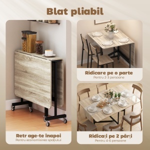 Masă de Dining Pliabilă, Masă de Bucătărie Rabatabilă cu Roți și Frâne pentru 4-6 Persoane, Birou Compact cu Structură din Oțel, pentru Living, 120x80x73 cm, Stejar - Img 5