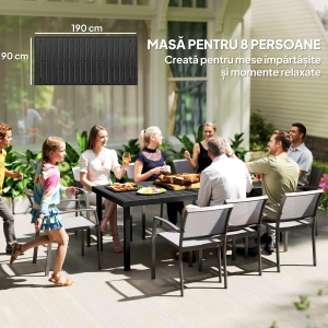 Masă de Grădină cu Blat Textură Lemn 190x90 cm pentru 8 Persoane, Masă de Dining de Exterior Dreptunghiulară din Aluminiu și Plastic, pentru Terasă, Balcon, Negru - Img 8
