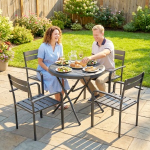Masă de Grădină, rotundă, pliabilă, pentru 4 persoane, aspect lemn, oțel+plastic, gri închis, 80 x 80 x 73 cm - Img 8