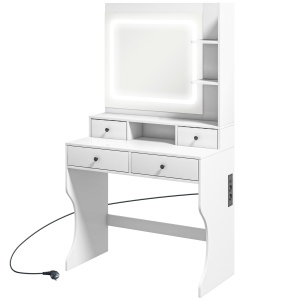 Masă de Toaletă cu Oglindă Iluminată LED, Masă de Machiaj cu Stație de Încărcare, 4 sertare și rafturi de depozitare, 90x45x160 cm, Alb - Img 1