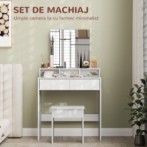 Masă de Toaletă cu Taburet, Masă de Machiaj cu Oglindă, 3 Rafturi, 2 Sertare, din Lemn, 75x38x135 cm, Alb - Img 4