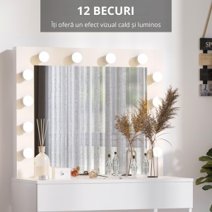 Masa Machiaj cu Oglindă LED 12 Lumini, Set cu Scaun Tapitat și Sertar Spațios, Mobilier pentru Dormitor, 80x40x140 cm, Alb - Img 6