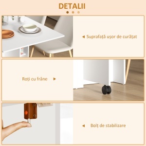 Masă Pliabilă și Extensibilă pentru 4-6 Persoane cu 2 Rafturi și 2 Roți, din Lemn și Metal, 140x80x74 cm, Alb - Img 5