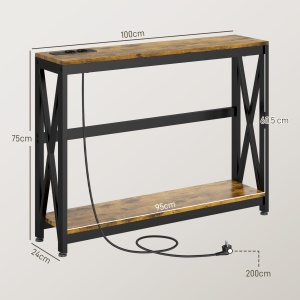 Masă Subțire de Consolă, Masă Industrială cu Două Nivele, Masă de Canapea Îngustă cu Cadru X din Oțel, 100x24x75 cm, Maro - Img 3