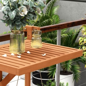 Masă Suspendată de Exterior, Masă Reglabilă pentru Balustradă, Blat Suport cu Montare pe Perete, 68x65x40,5-55 cm, Tec - Img 8