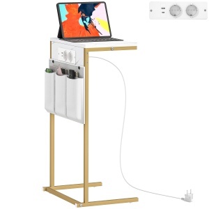 Măsuță de Sufragerie în Formă de C cu Efect de Marmură și Porturi USB, Albă