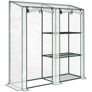 Mini Seră cu 3 Rafturi, 2 Uși Rulabile, Seră pentru Grădină cu Cadru din Oțel și Acoperire din Plastic pentru Plante, Legume, Flori, Fructe, Anti UV, 143x45x151 cm, Transparentă - Img 1