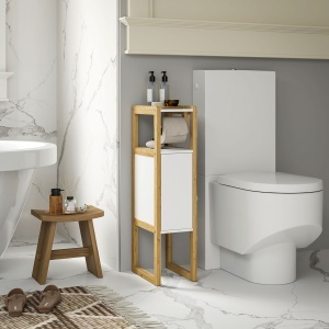 Mobilier de Baie cu Suport pentru Hârtie Igienică, Dulap și Raft, Dulap Compact din Bambus, 20x33x80 cm, Alb - Img 2