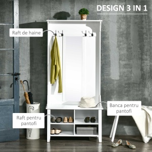 mobilier hol, cuier si oglinda, 80x40x170cm, alb - Img 4