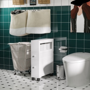 Mobilier pentru Baie in Lemn cu Rafturi si 2 Sertare,Alb 16x52x66cm - Img 2