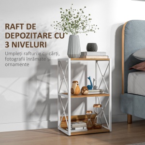 Mobilier Rastel Librarie 3 Rafturi cu Schelet in Otel Alb si Rafturi in Lemn 40x35x72.5cm - Img 4
