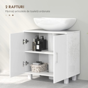 Mobilier Sub Chiuvetă pentru Baie cu 2 Uși, Raft Central, Mâner și Picioare Antiderapante, 60x35x60 cm, Alb Lucios - Img 5