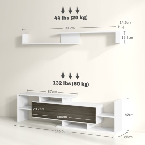 Mobilier TV cu Raft de Perete, Rafturi Deschise și Dulăpior din Lemn, Mobilier TV Modern, 153,6x25x42 cm, Alb - Img 3