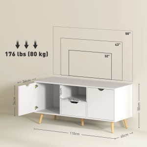Mobilier TV de 50" cu Sertar, Raft Deschis și 2 Dulapuri, Mobilier TV cu 5 Picioare din Lemn, 110x40x50 cm, Alb - Img 3