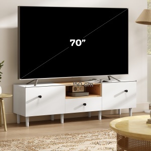 Mobilier TV, Suport TV până la 70" cu 2 Uși Rabatabile, Balamale Soft Close, Sertar, Raft Deschis, 8 Picioare, 150x35x45 cm, Alb și Lemn - Img 5
