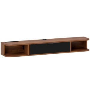 Mobilier TV Suspendat, Suport TV Până la 50" cu Sertar Rabatabil, 2 Rafturi Deschise și Orificiu pentru Cabluri, Mobilier pentru Televizor pentru Sufragerie, Dormitor și Sală de Stat, 120x24x16 cm, Nuc - Img 1