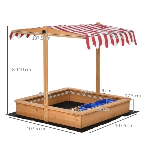 Nisipar din Lemn pentru Copii cu Copertina Reglabila in Inaltime, 107.5x107.5x110cm - Img 3