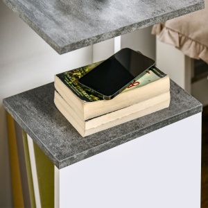 Noptiera cu raft deschis din PAL, noptiera moderna cu design neregulat, 35x29,5x60cm, gri si alb - Img 9