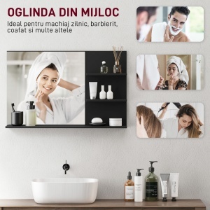 Oglindă de Baie cu 2 Rafturi Laterale și Raft Inferior Negru - Img 5