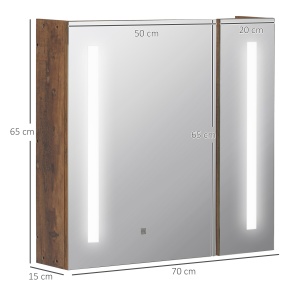 Oglindă de Baie cu Lumini LED Reglabile, Dulap de Baie cu 2 Uși cu Oglindă și Raft Reglabil, 70x15x65 cm, Maro - Img 3