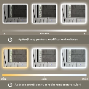 Oglindă de baie LED bluetooth 70 x 90 cm interruptor tactil lumină reglabilă 3 culori anti-abur memorie argintiu - Img 6