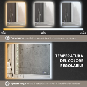 Oglindă de Baie LED cu Ramă, Anti-Abur, 3 Temperaturi de Culoare și Memorie, 80x60x4 cm, Transparent - Img 5