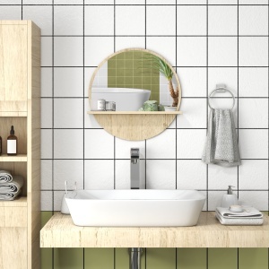 Oglindă de Baie Rotundă din PAL și Sticlă cu Raft pentru Depozitare și 2 Cârlige pentru Fixare, Ø45x10 cm, Lemn Natural - Img 2