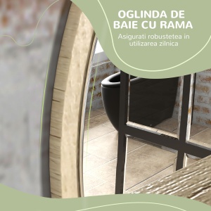 Oglindă de Baie Rotundă din PAL și Sticlă cu Raft pentru Depozitare și 2 Cârlige pentru Fixare, Ø45x10 cm, Lemn Natural - Img 5