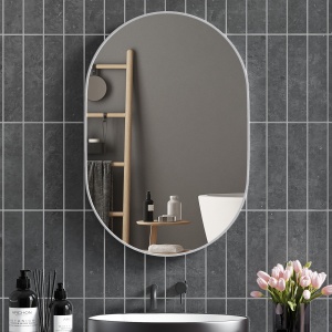 Oglindă Ovală pentru Baie, Oglindă Modernă de Perete cu Rama din Aluminiu și Montaj Vertical sau Orizontal, 60x90 cm, Argintiu - Img 2
