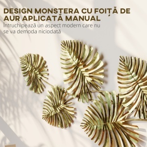 Operă de Artă Murală cu 5 Frunze de Monstera din Metal Auriu cu Accesorii de Montaj Incluse, 83x2.5x39 cm - Img 4