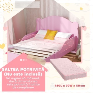 Pătuț pentru Copii cu Tăblie și Capăt în Formă de Ursuleț și 2 Bare Laterale, Roz - Img 7