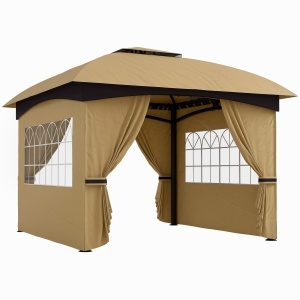 Pavilion de Grădină cu Copertină, Perdele, Ferestre și Acoperiș Ventilat, 335x335x285 cm, Bej - Img 1