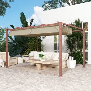 Pergolă de Grădină cu Acoperiș Retractabil și Cadru din Aluminiu cu Aspect de Lemn, 382x300x232 cm, Lemn Natural - Img 9