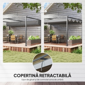 Pergolă Gazebo 4x3 m cu Acoperiș Retractabil, Orificii de Drenaj, Țepușe și Șuruburi, Pergolă pentru Grădină din Poliester și Metal, Gri Închis - Img 4