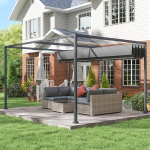 Pergolă Gazebo 4x3 m cu Acoperiș Retractabil, Orificii de Drenaj, Țepușe și Șuruburi, Pergolă pentru Grădină din Poliester și Metal, Gri Închis - Img 8