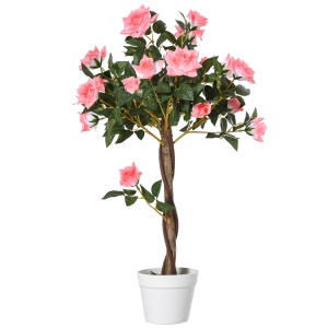 Plantă Artificială de Trandafiri cu 21 de Flori, Ghiveci Umplut cu Ciment și Mușchi, Ø18x90 cm, Roz